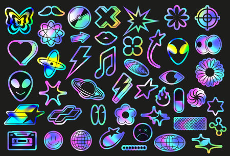 Iridescent holo stickers pack. Fluorescent retro 90s style symbols, Y2K icons and holographic gradient decals vector setのイラスト素材