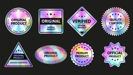 Secure holographic stickers. Original quality iridescent labels, verified product badges and official seals with holo foil gradient vector setのイラスト素材