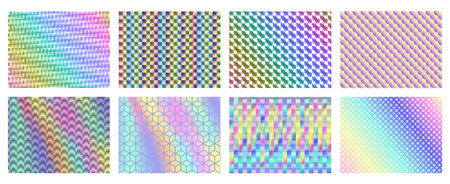 Iridescent holographic patterns. Holo backgrounds with geometric pattern texture, abstract rainbow spectrum gradients vector setのイラスト素材