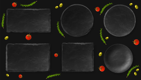 Natural slate plate mockup collection. Top view stone dishes and bowl with tomatoes, olives and rosemary. Gourmet food serving background template vector setのイラスト素材