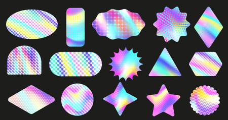 Textured holographic stickers. Iridescent geometric figures, holo gradient shapes with texture patterns collection vector setのイラスト素材