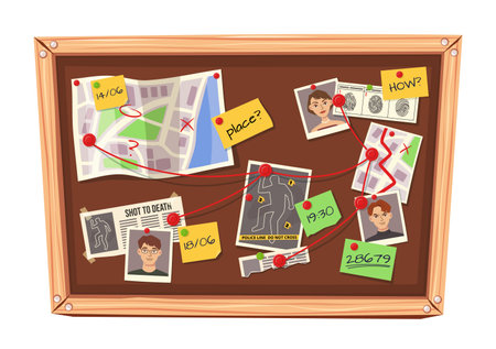 Detective board. Mystery investigation cork board with clues, marked maps, suspect photographs, evidence fingerprints, time notes, and crime scene informationのイラスト素材