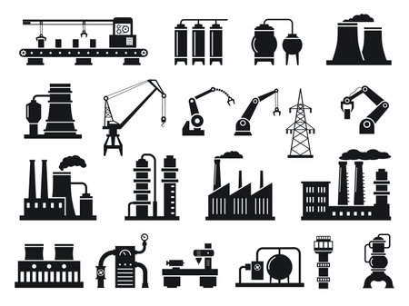 Industrial factory silhouettes. Machinery and manufacturing icons, power plants, conveyor belts, cranes and robotic arms vector illustration setのイラスト素材