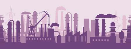 Industrial factory exterior. Manufacturing infrastructure skyline silhouette, production facilities and panoramic industrial area seamless vector landscape background illustrationのイラスト素材