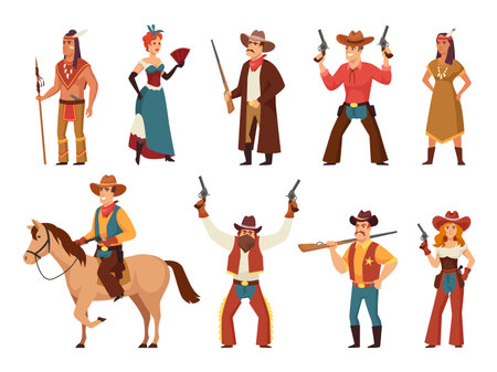 Cartoon wild west characters. Classic western cowboy and cowgirl, native american warrior, saloon dancer and sheriff vector illustration setのイラスト素材
