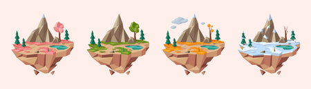 Low poly four seasons islands. Floating isometric landscape, miniature ecosystem spring, summer, autumn and winter vector illustration setのイラスト素材