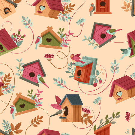 Cartoon bird houses pattern. Wooden bird homes with chirping birds and lush botanicals seamless vector background illustrationのイラスト素材