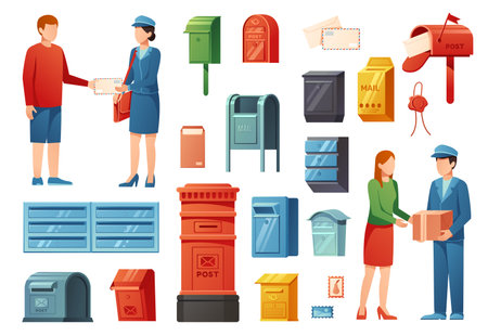 Cartoon postman and mail. Postal service and classic mailboxes, delivery service isolated vector illustration setのイラスト素材