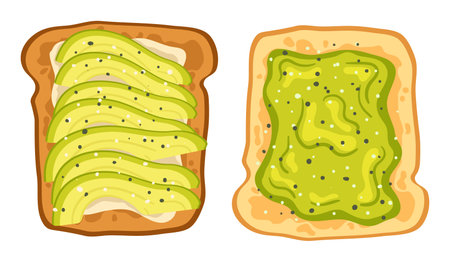Healthy avocado toast. Bread topped with avocado and sesame seeds, nutritious breakfast meal vector illustrationのイラスト素材