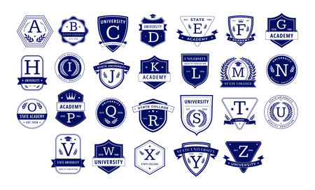 Education monogram. Alphabetical elegant academic crests, letter badge template for university, college or academy team isolated vector setのイラスト素材