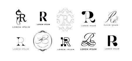 Creative R emblem. Letter r monogram for romantic, retro or rainbow style branding template. Business name initial vector icon setのイラスト素材