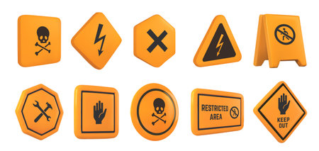 Caution 3D signs. Hazard warning, safety and caution symbols. High voltage, do not enter, and restricted area sign vector illustration setのイラスト素材
