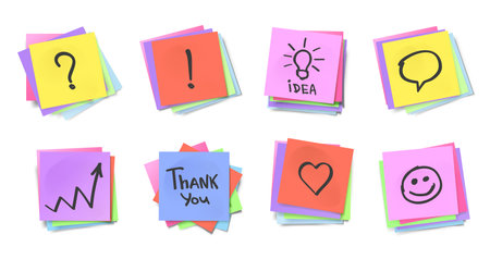 Sticky note messages. Stacked colorful adhesive notes, reminder pads with question mark, exclamation point, light bulb idea, speech bubble, growth chartのイラスト素材