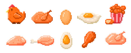 Chicken food pixel art. Fried egg, pixelated wings, breast, drumstick, roasted whole and grilled chicken 8 bit vector illustration setのイラスト素材
