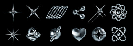 Liquid chrome y2k icons. Abstract shiny metallic shapes star rays, atomic orbit and molecular structures 3D elements vector setのイラスト素材