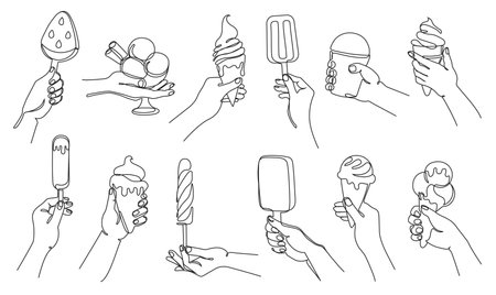 Hand with ice cream. Continuous one line hand holding cones, popsicles and sundaes ice creams vector illustration set with editable stroke pathsのイラスト素材