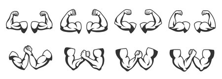 Strong arm muscles. Muscular arms, flexing biceps and fitness or gym stencil cartoon vector illustration setのイラスト素材