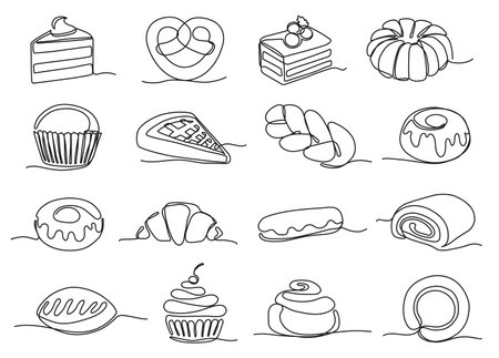 Continuous one line sweet bakery. Pastry and dessert icons vector illustration set with editable stroke pathsのイラスト素材