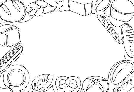 One line bakery products frame. Fresh bread, baked goods border for bakery menu design template vector illustrationのイラスト素材