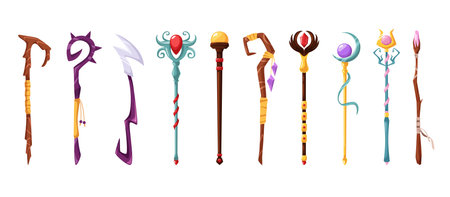 Magic wizard sticks. Magical staff, wizard weapon and shaman wands cartoon fantasy game assets isolated vector illustration setのイラスト素材