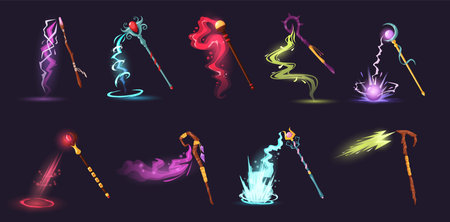 Magic sticks with effects. Wizard wand casting spell, magical power energy attack isolated cartoon vector illustration setのイラスト素材