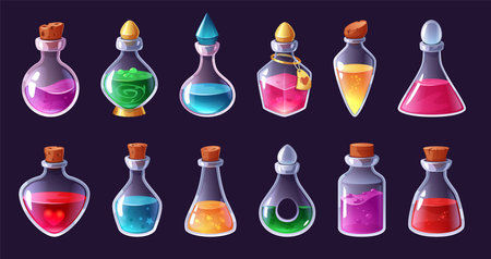Magic potion. Love elixir, magical liquid bottles and alchemy inventory cartoon game interface elements vector setのイラスト素材