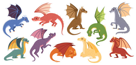 Magic dragons. Mythical creatures, flying dragon and fantasy monster isolated cartoon vector illustration setのイラスト素材