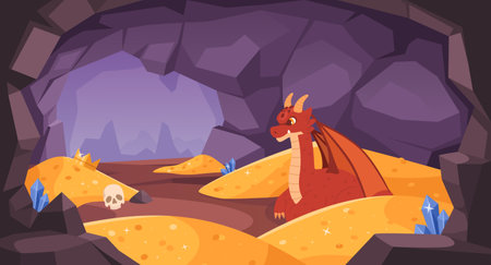Dragon cave. Magical red dragon guards glittering gold coins piles in mysterious treasure cave. Fantasy vector illustrationのイラスト素材