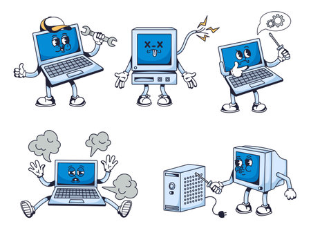 Computer service mascot. Laptop repair character, pc troubleshooting and IT technical support cartoon vector illustration setのイラスト素材