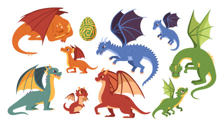 Adult and young magic dragons. Magical creature egg, dragon family and mythical beasts cartoon vector illustration setのイラスト素材