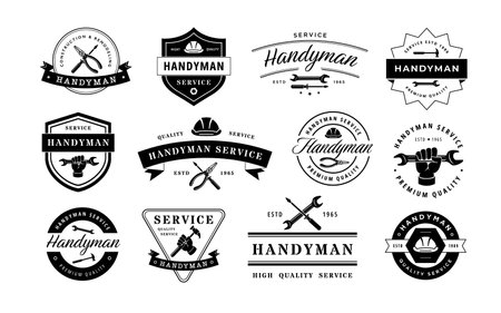 Handyman emblem. Vintage high quality service badges, professional workshop label vector template setのイラスト素材