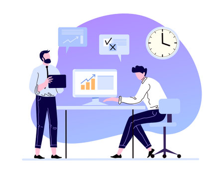 Professional business communication and working management. Man working at desktop computer, preparing financial reportのイラスト素材