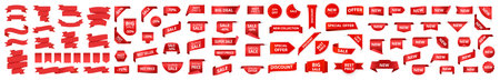 Big set label tags, realistic red price ribbon. Red sale stickers, best sellers, hot price, special offers. Promotional emblemsのイラスト素材