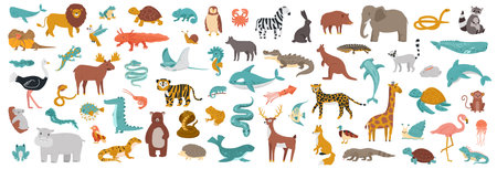 Big set of animals. Domestic and wild fauna. Cute characters as reptiles, birds, fish and mammals. Exotic flamingoのイラスト素材