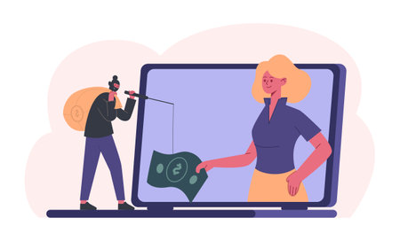 Cyber criminals. Man in mask with sack stealing money from woman. Internet scam phishing, hacker committed digital fraudのイラスト素材