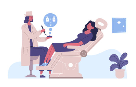 Dental service concept. Tooth examination and treatment. Female patient visiting dentist having toothacheのイラスト素材