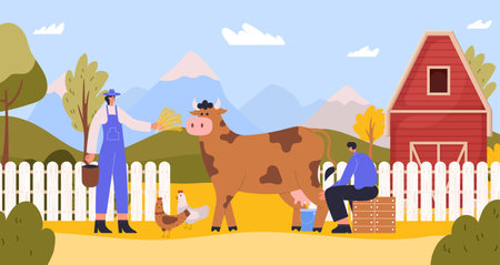 Farmer characters at farm agriculture. Man sitting and milking cow into bucket. Cartoon woman feeding chickenのイラスト素材