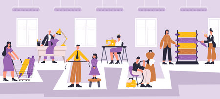 Fashion atelier workers, sewing, dressmaking workshop interior. Designer studio with workers choosing materialsのイラスト素材