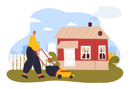 Gardener man mowing lawn mower. Cartoon man cutting grass on backyard of house with equipment. Garden maintenanceのイラスト素材