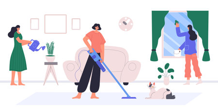 Home cleaning. People do housework. Cleaning service with professional workers. Staff doing cleanup in apartmentのイラスト素材