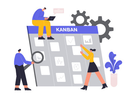 Kanban board concept. Cartoon employees assigning tasks for team members. Business management, colleagues workingのイラスト素材