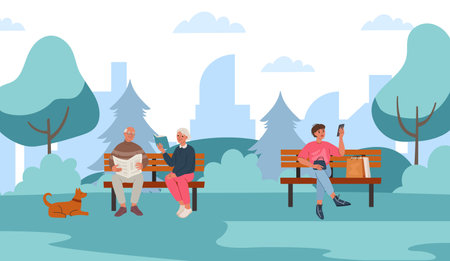 Leisure activities on park benches. Cartoon elderly people sitting in public park and reading newspaper or bookのイラスト素材