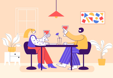 Man and woman couple having romantic dinner in restaurant. Cartoon couple spending time together in cafeのイラスト素材