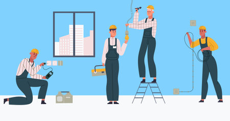 Professional electricians workers doing installation in apartment. Male characters having indoor worksのイラスト素材