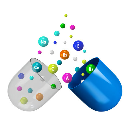 Multivitamin capsule pill. Open capsule shell with colorful complex vitamin granules and mineral pellets. Nutritional supplement isolated 3D. Medicine and pharma vector illustrationのイラスト素材