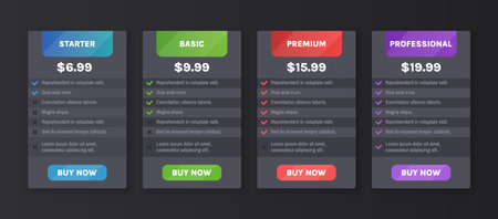 Price comparison layout. Tariff tier, pricing table with options for Starter, Basic, Premium and Professional subscription plans. Dark mode vector template. Business comparative tab checklistのイラスト素材