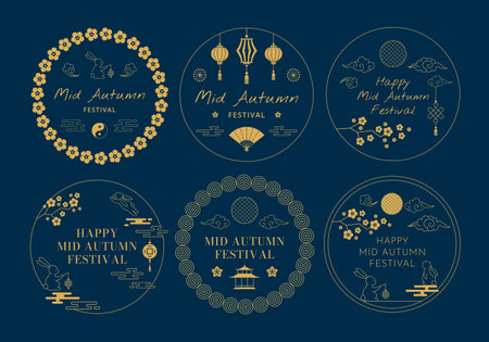 Mid autumn festival greeting card. Traditional Chinese celebration badges with Asian lanterns, golden rabbits and moon with clouds. Chuseok holiday moon cake gold decorations banner vector setのイラスト素材