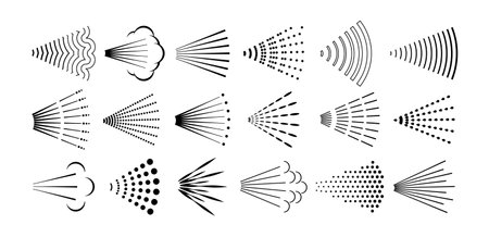 Spray symbols. Aerosol sprayed line, steam nozzle flow cloud, shower streams and spraying water, perfume or deodorant icons. Mist, jet and burst spray patterns vector set. Sprayer vapor streamのイラスト素材