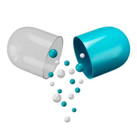 Capsule pill with falling granules. Open pharmaceutical capsule shell with pellets of medication, health supplements or vitamins. Medical isolated vitamin and healthcare concept vector illustrationのイラスト素材