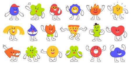 Cute abstract shape cartoon mascots. Anthropomorphic caricature characters with facial expressions and hand gestures, playful shapes poses for kids and creative designs vector setのイラスト素材